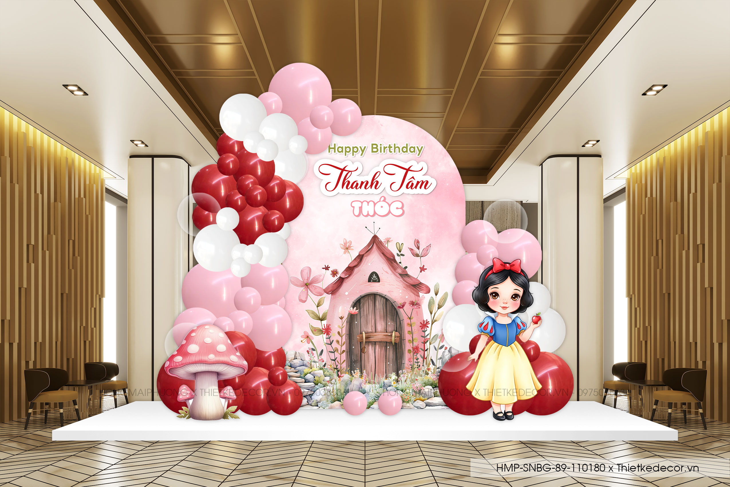 File thiết kế sinh nhật bé gái tone hồng chủ đề công chúa Bạch Tuyết dễ thương đáng yêu cute sang trọng.